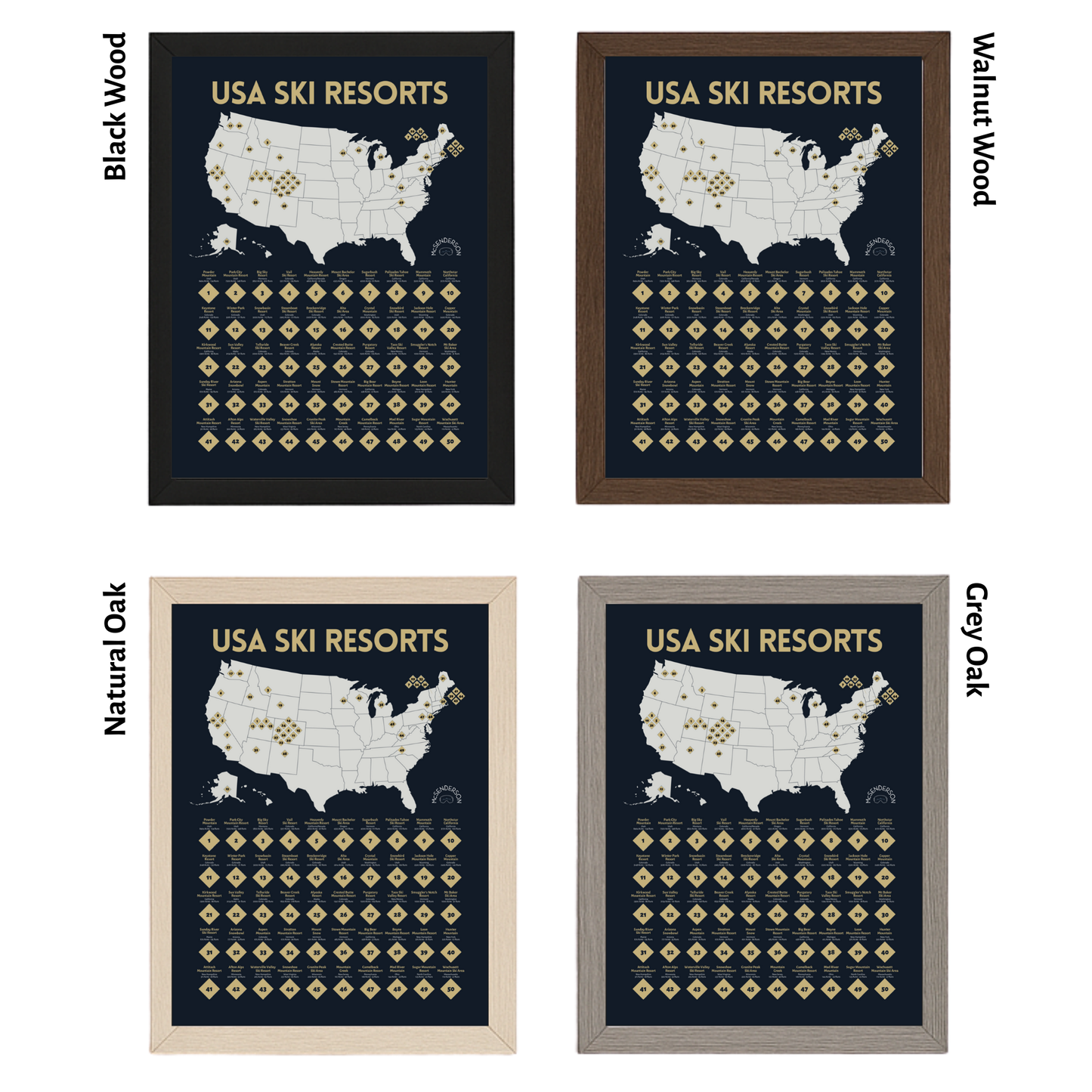 *FREE SHIPPING* Scratch-Off Top 50 USA Ski Resorts Map - Vertical