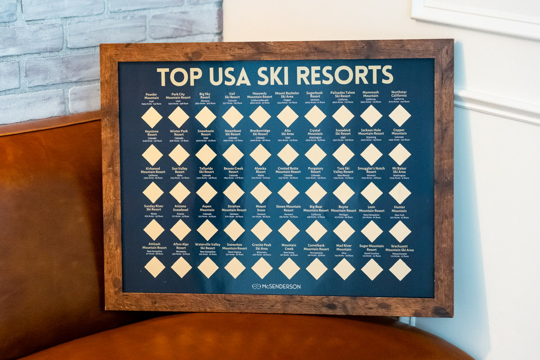 *FREE SHIPPING* Scratch-Off Top 50 USA Ski Resorts Map - Horizonal