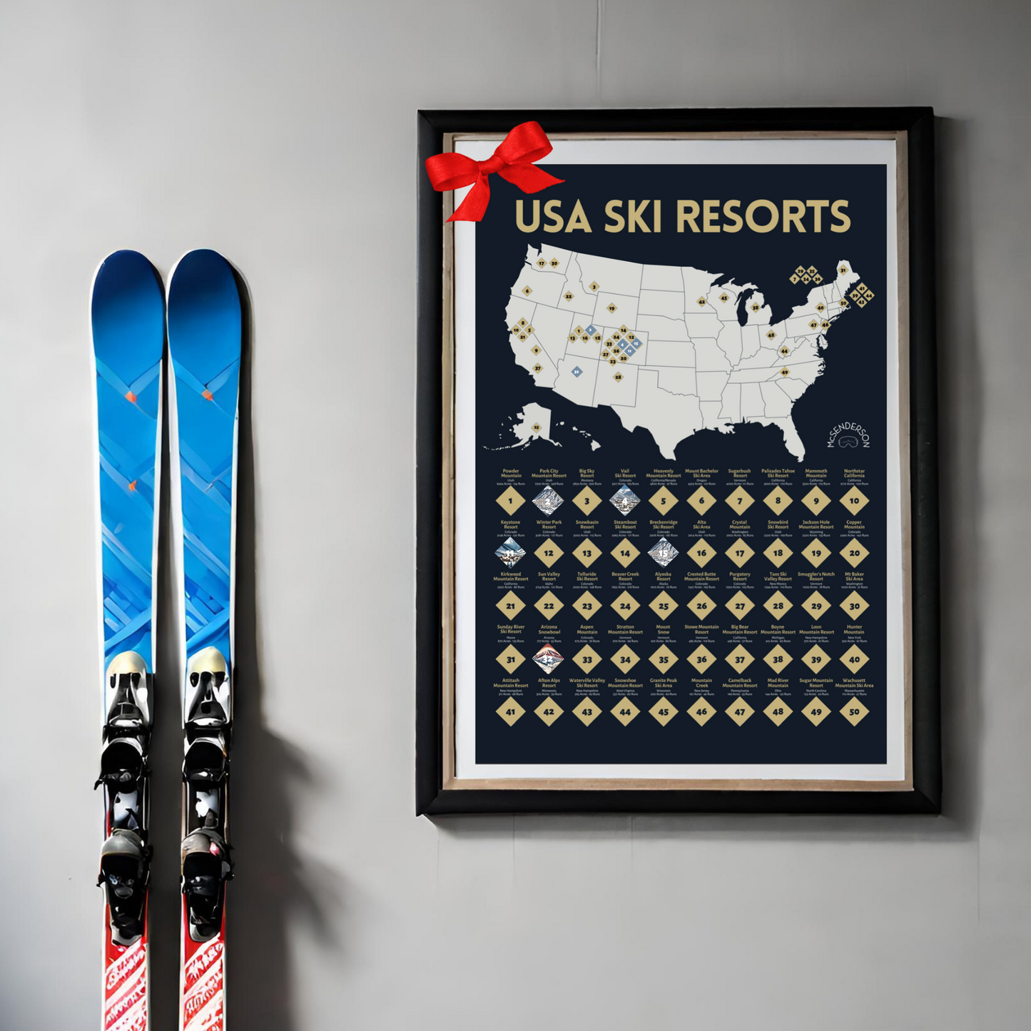 Scratch-Off Top 50 USA Ski Resorts Map - Vertical