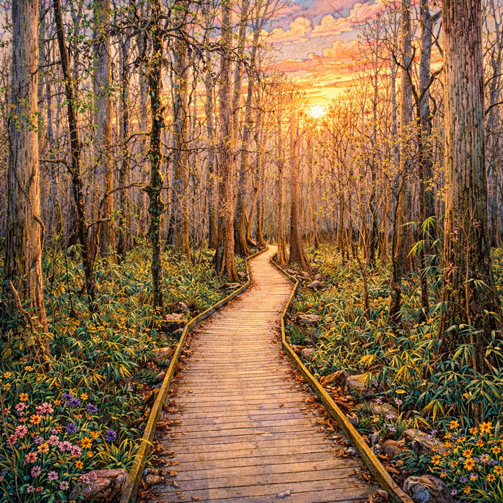 Illustrated graphic of Congaree National Park from the McSenderson US National Parks scratch-off map