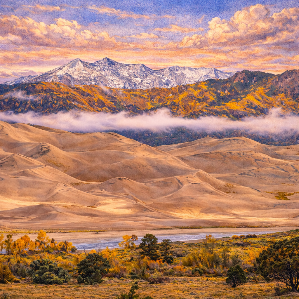 Illustrated graphic of Great Sand Dunes National Park from the McSenderson US National Parks scratch-off map