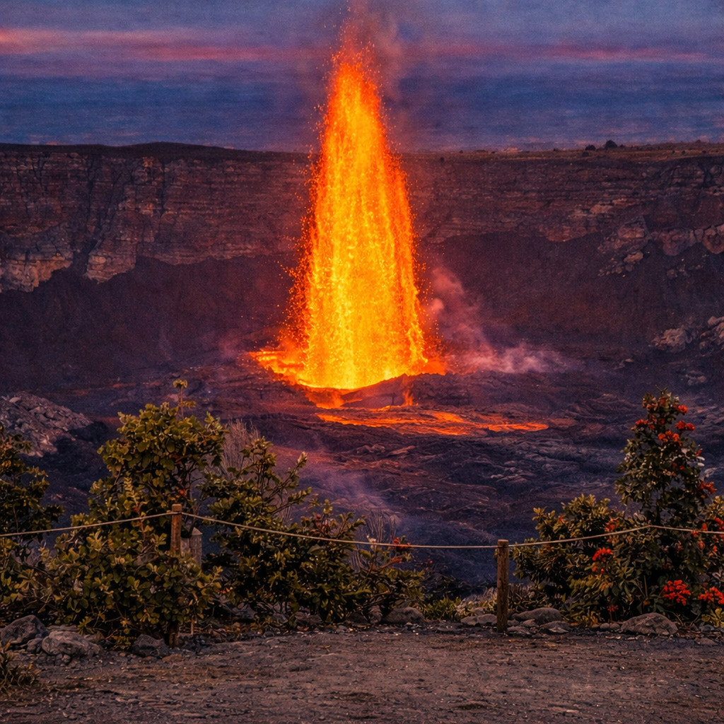 Illustrated graphic of Hawaiʻi Volcanoes National Park from the McSenderson US National Parks scratch-off map