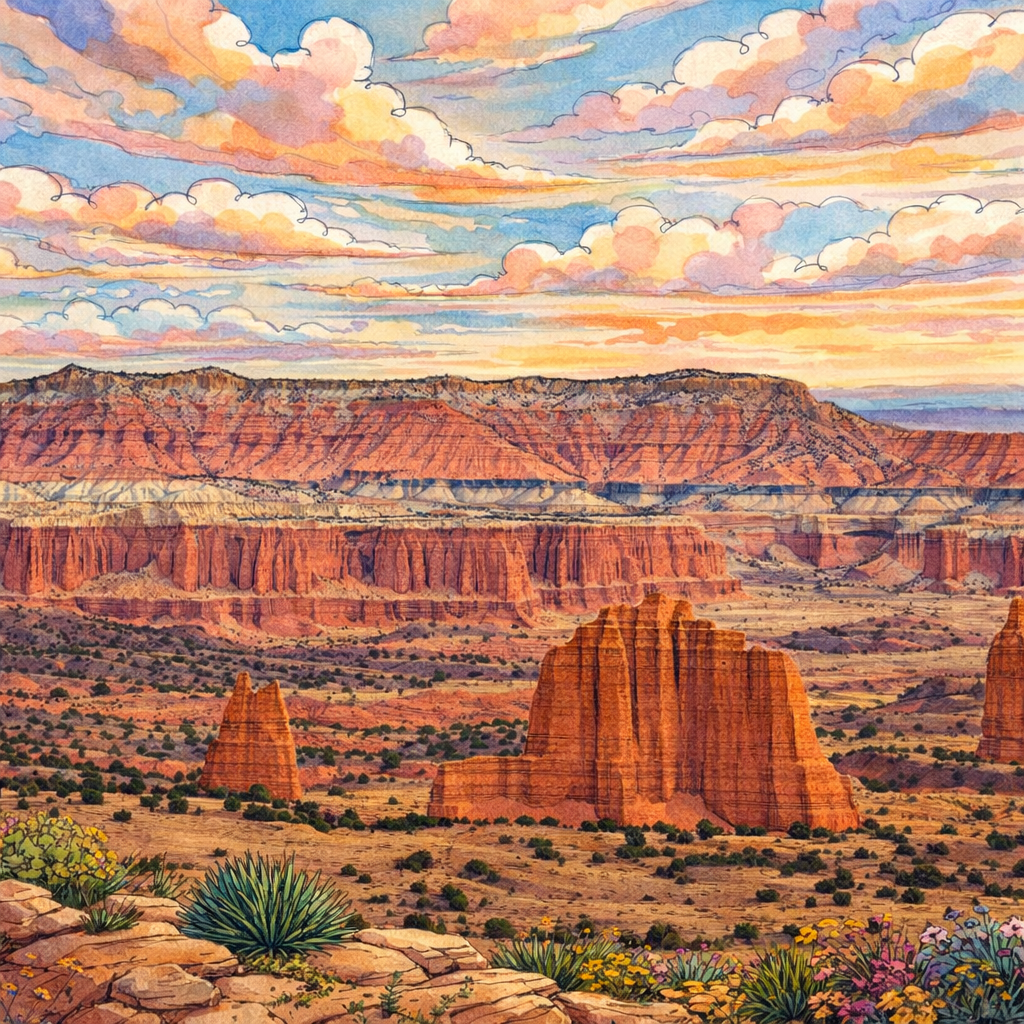 Illustrated graphic of Capitol Reef National Park from the McSenderson US National Parks scratch-off map