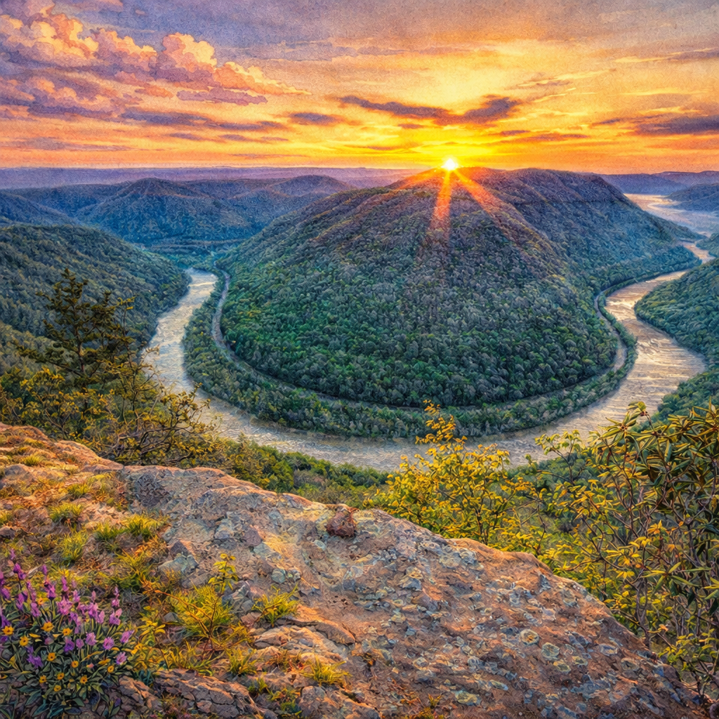 Illustrated graphic of New River Gorge National Park from the McSenderson US National Parks scratch-off map