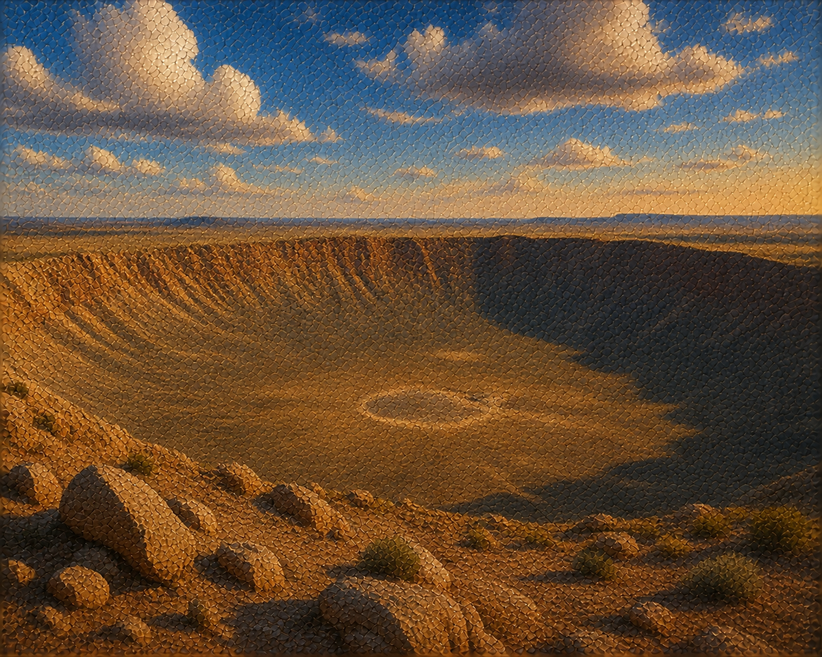 Illustrated graphic of Meteor Crater from the McSenderson Arizona Outdoor Adventure scratch-off map
