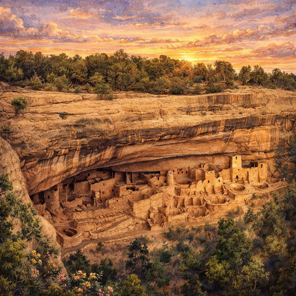 Illustrated graphic of Mesa Verde National Park from the McSenderson US National Parks scratch-off map