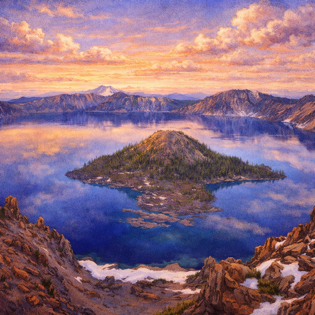Illustrated graphic of Crater Lake National Park from the McSenderson US National Parks scratch-off map