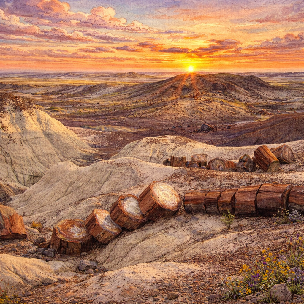 Illustrated graphic of Petrified Forest National Park from the McSenderson US National Parks scratch-off map