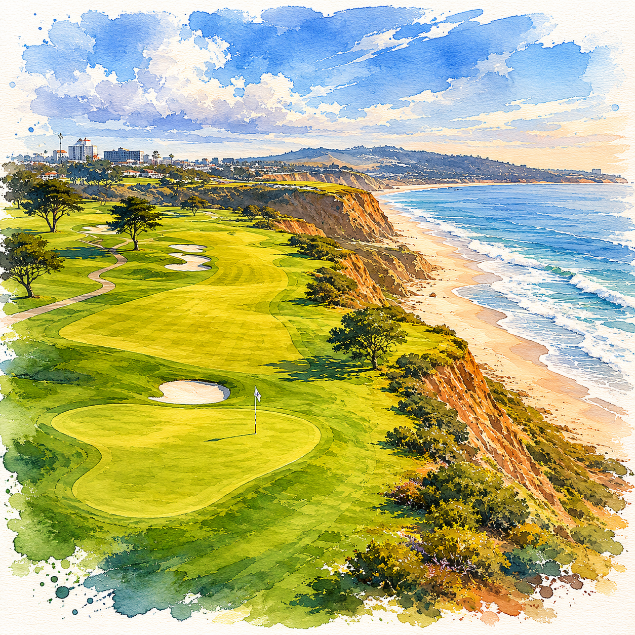 Illustrated map of Torrey Pines South golf course on the cliffs of La Jolla, San Diego, California