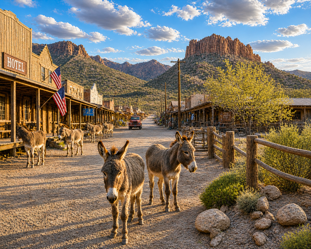 Illustrated graphic of Oatman, Arizona from the McSenderson Arizona Outdoor Adventure map