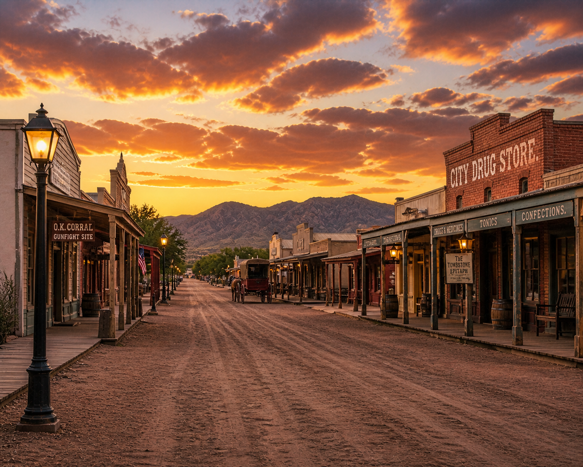 Illustrated graphic of Tombstone, Arizona from the McSenderson Arizona Outdoor Adventure scratch-off map