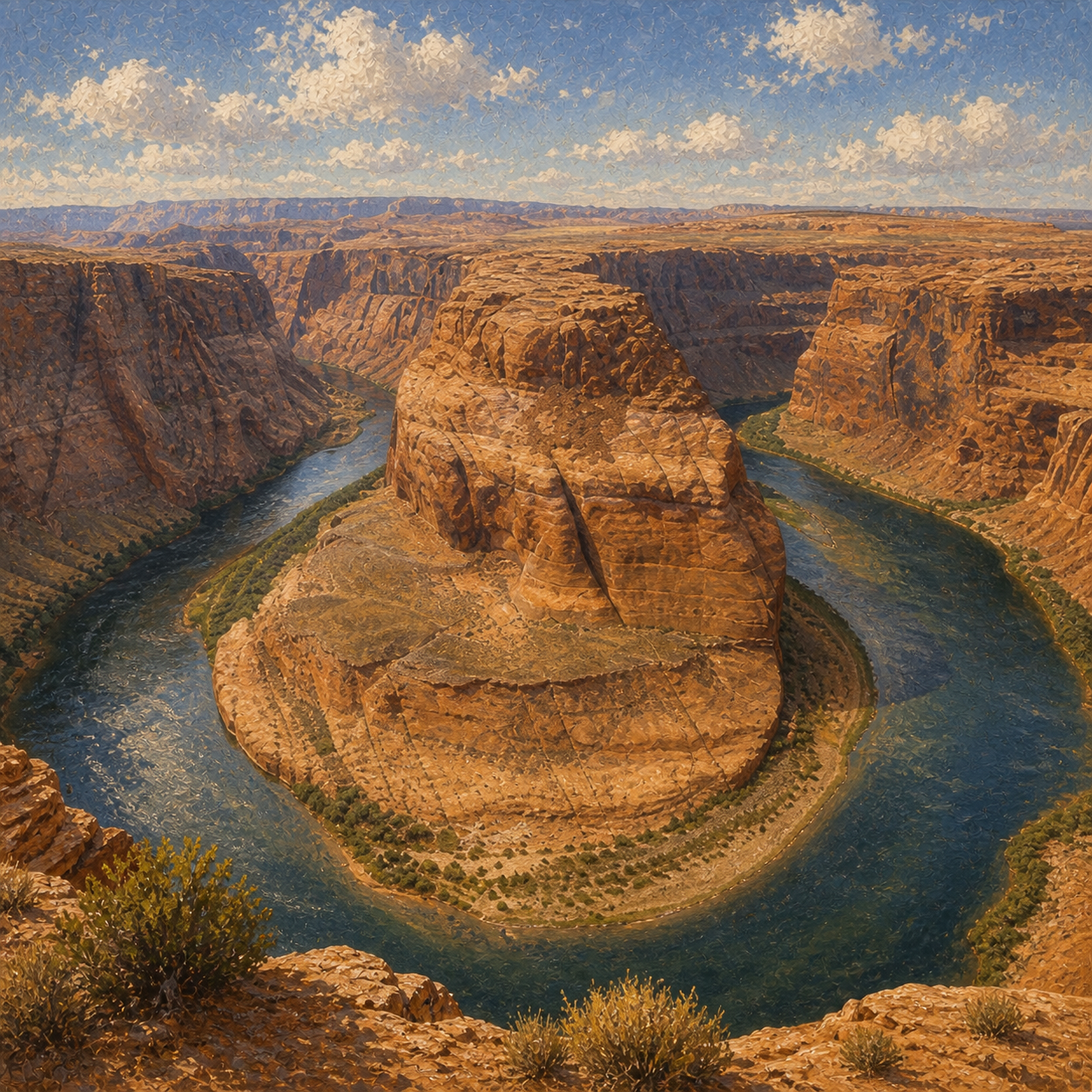 Illustrated map art of Horseshoe Bend, the 270-degree curve of the Colorado River near Page, Arizona