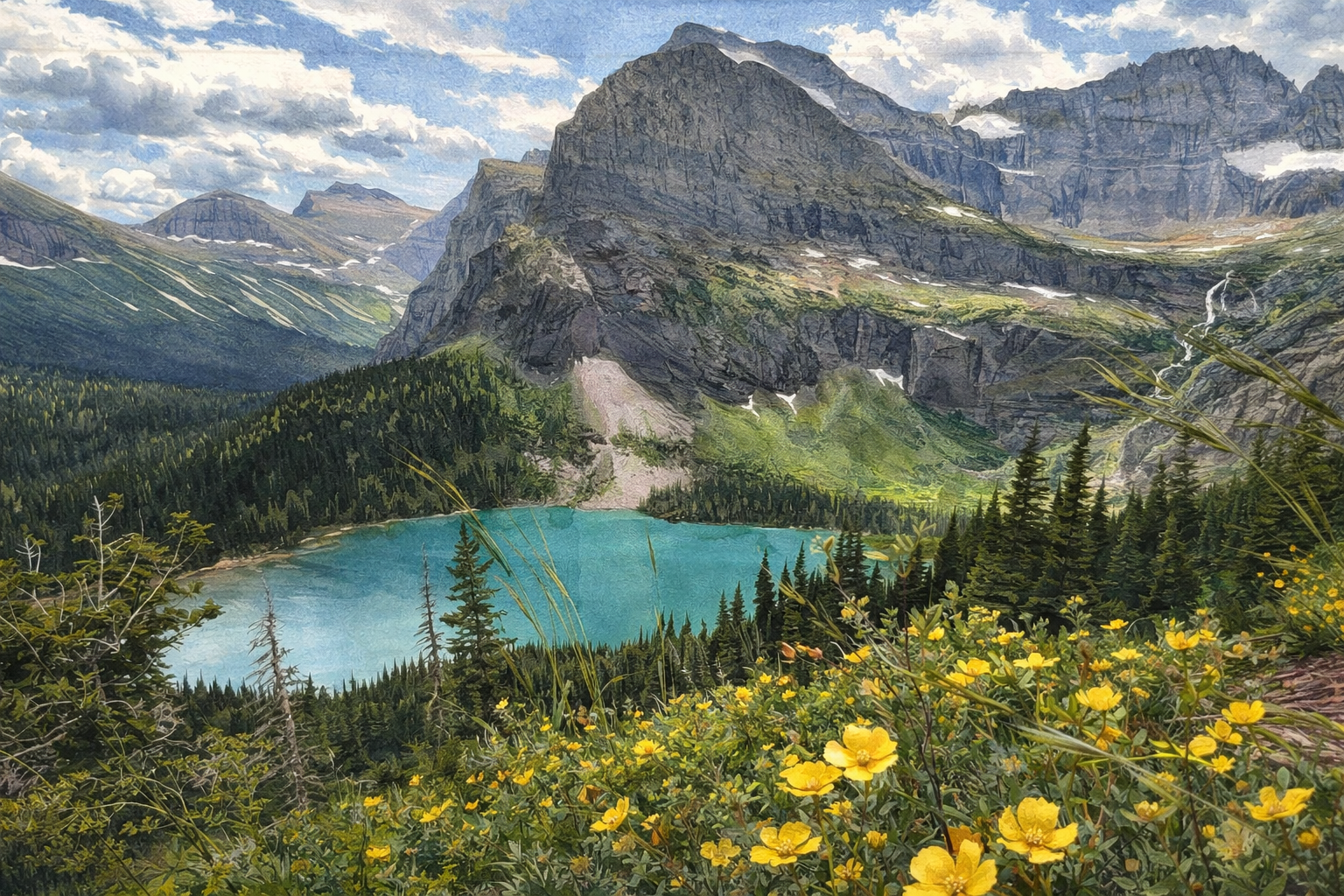 Illustrated graphic of Glacier National Park from the McSenderson US National Parks scratch-off map