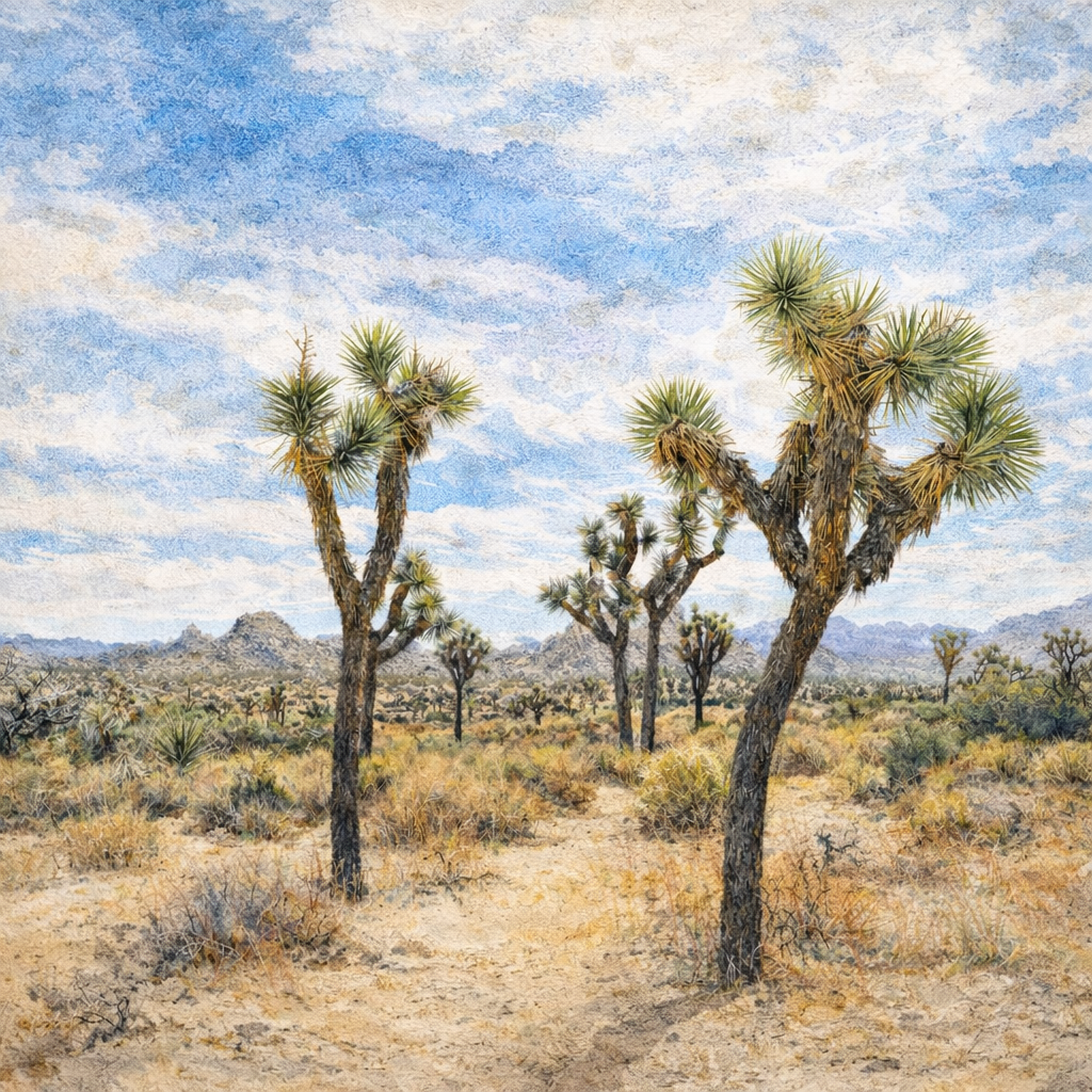 Illustrated graphic of Joshua Tree National Park from the McSenderson US National Parks scratch-off map