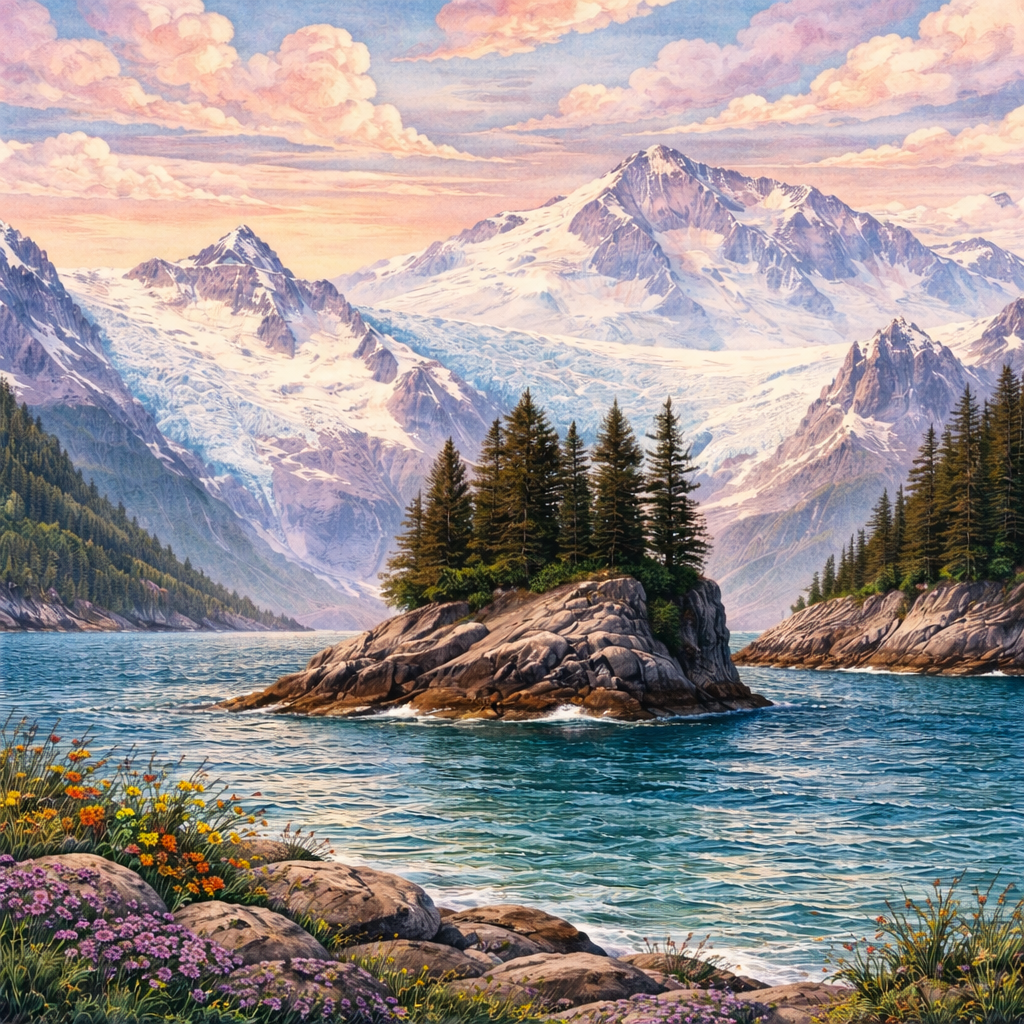 Illustrated graphic of Kenai Fjords National Park from the McSenderson US National Parks scratch-off map