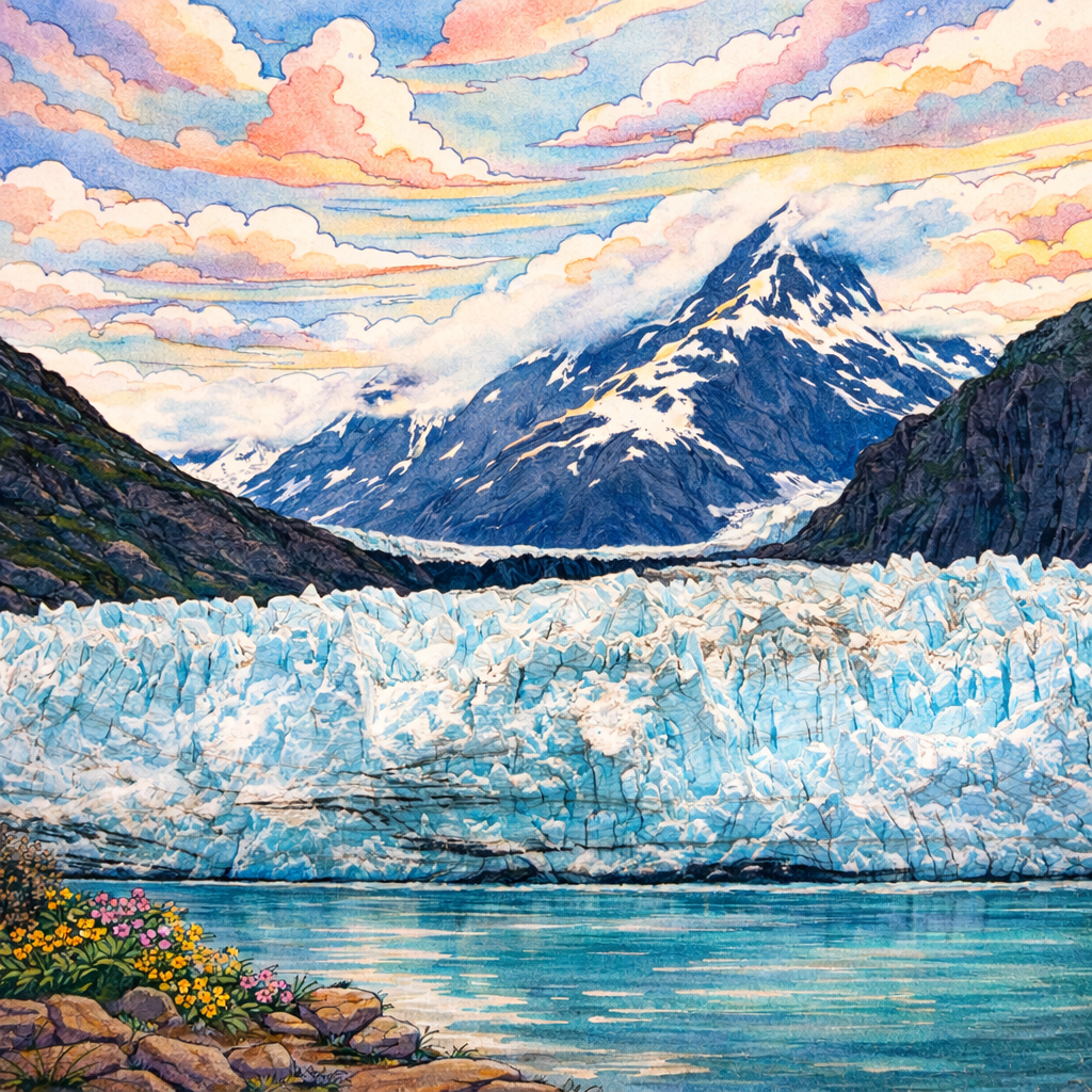 Illustrated graphic of Glacier Bay National Park from the McSenderson US National Parks scratch-off map