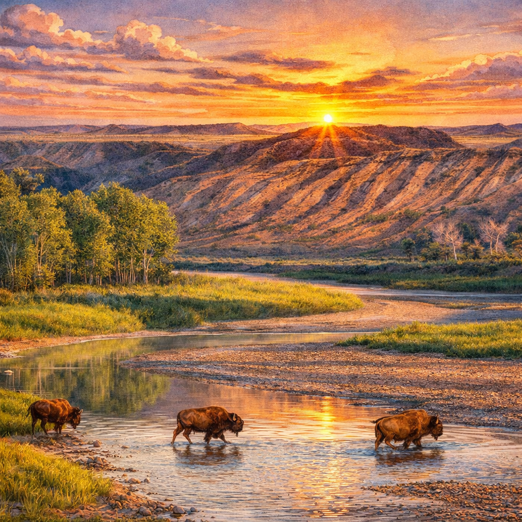 Illustrated graphic of Theodore Roosevelt National Park from the McSenderson US National Parks scratch-off map