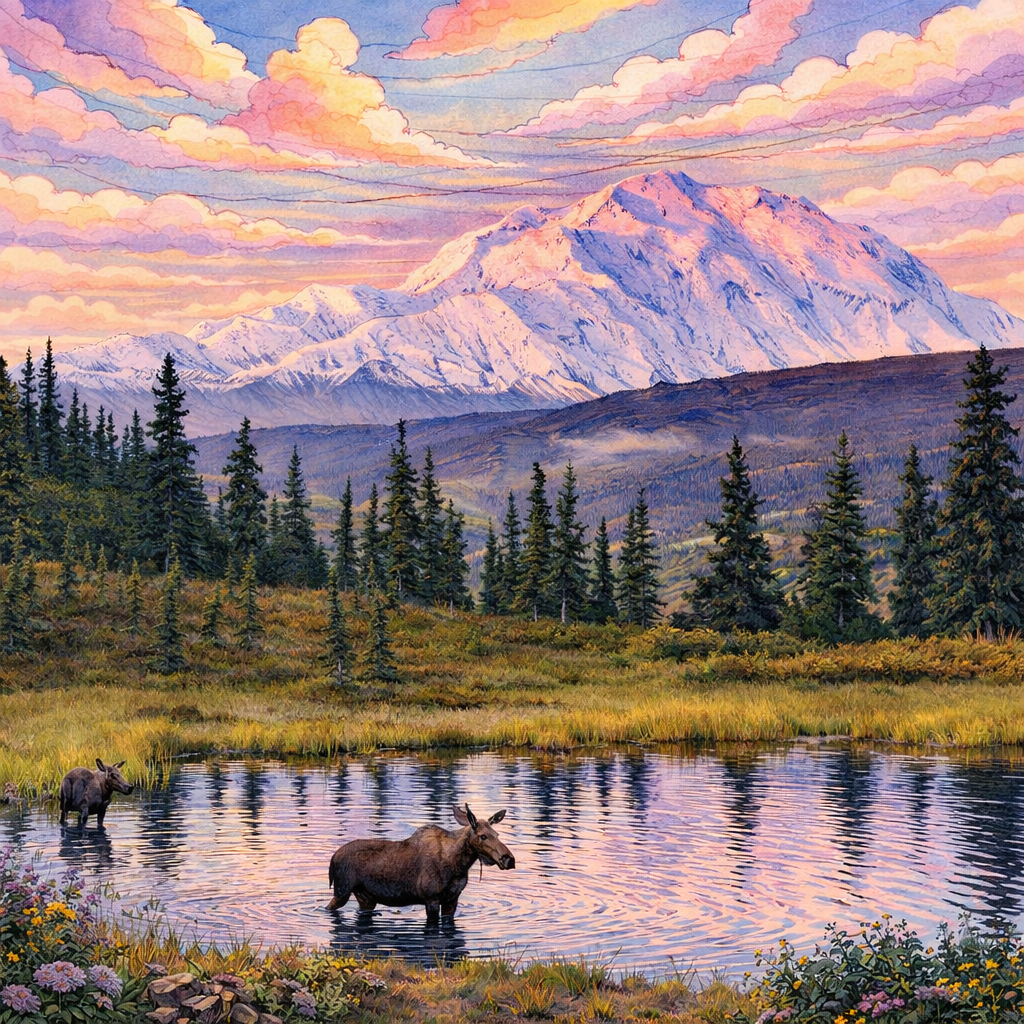 Illustrated graphic of Denali National Park from the McSenderson US National Parks scratch-off map
