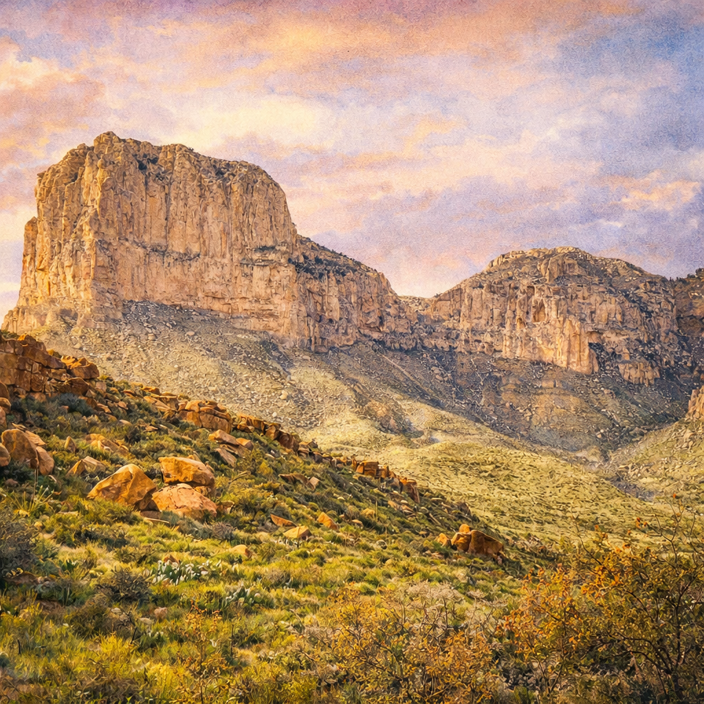 Illustrated graphic of Guadalupe Mountains National Park from the McSenderson US National Parks scratch-off map