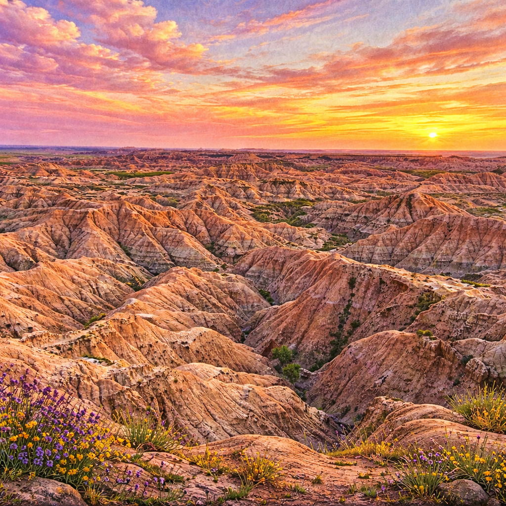 Illustrated graphic of Badlands National Park from the McSenderson US National Parks scratch-off map