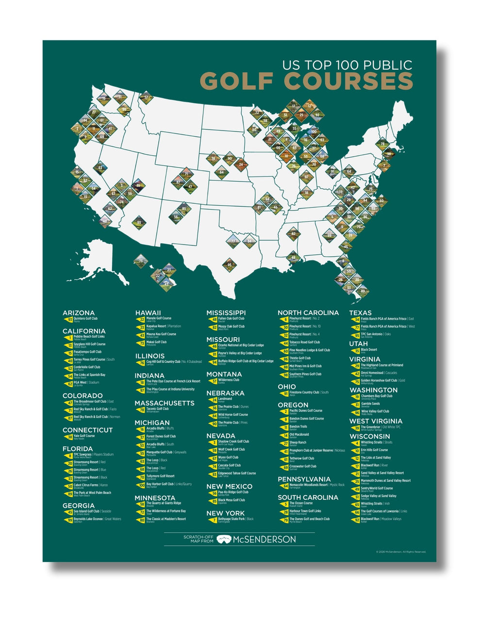 Top 100 US Public Golf Courses Scratch- Off Map