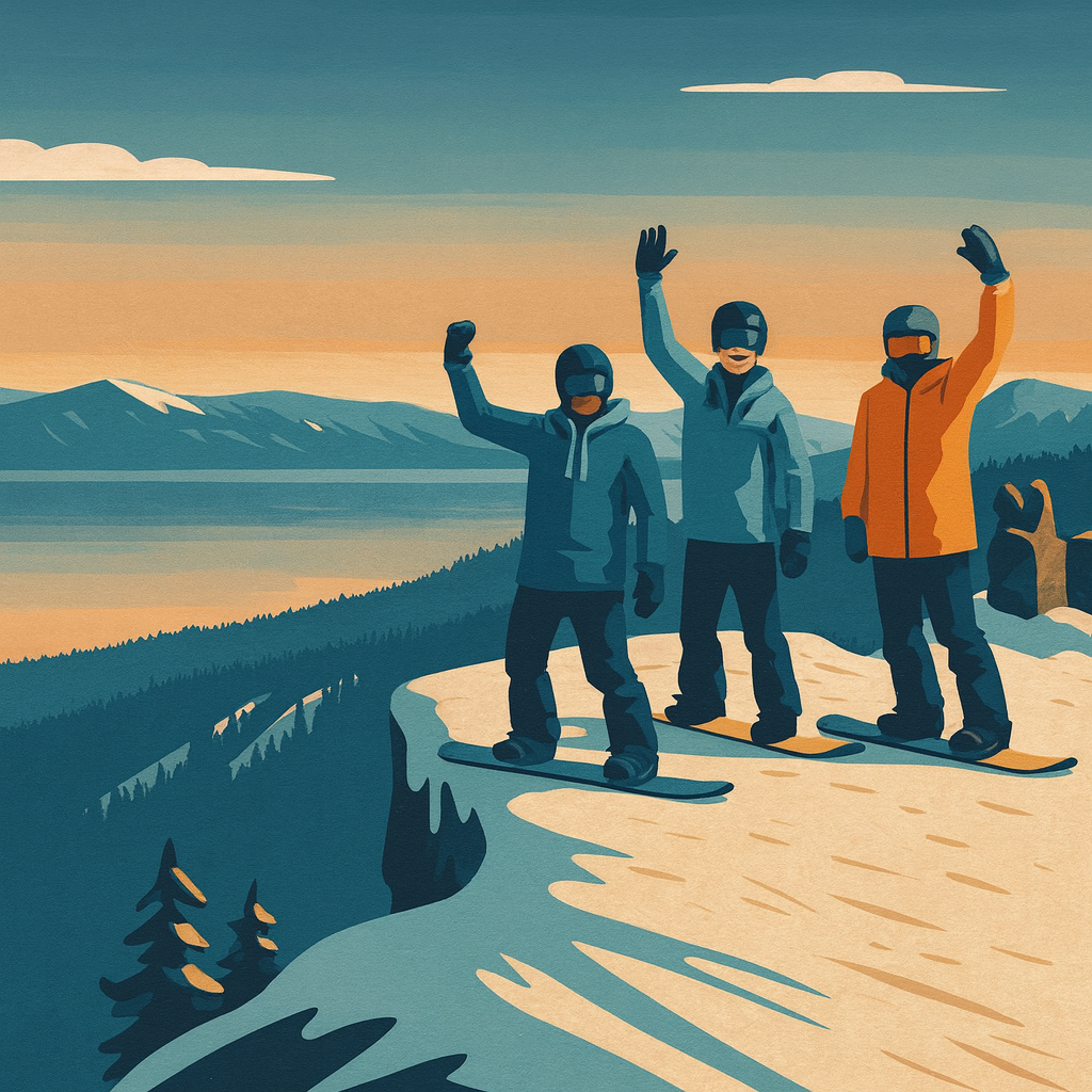 Three snowboarders celebrating on a mountain top with a scenic view of mountains and lake.
