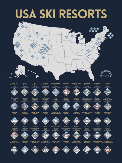 *FREE SHIPPING* Scratch-Off Top 50 USA Ski Resorts Map - Vertical