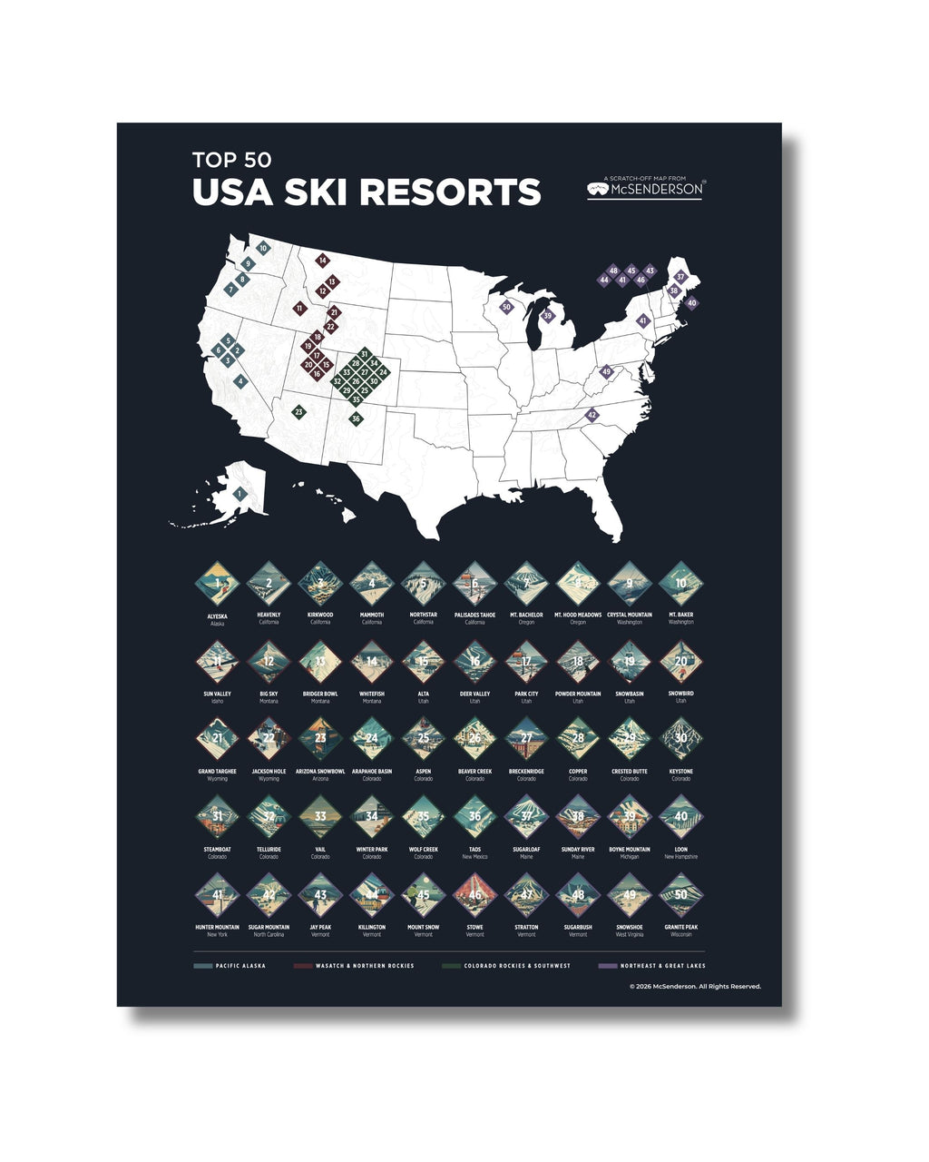 Top 50 USA Ski Resorts Scratch-Off Map