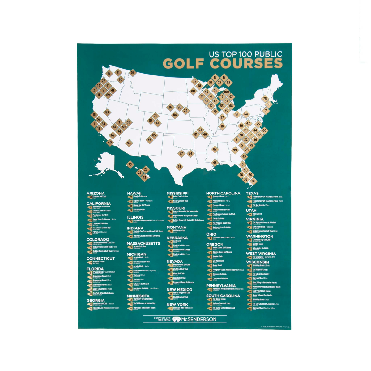 Top 100 US Public Golf Courses Scratch-Off Map