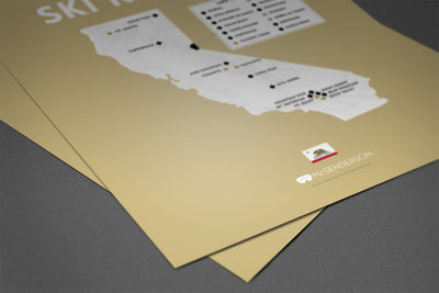 Map of California with ski resort locations on a yellow background