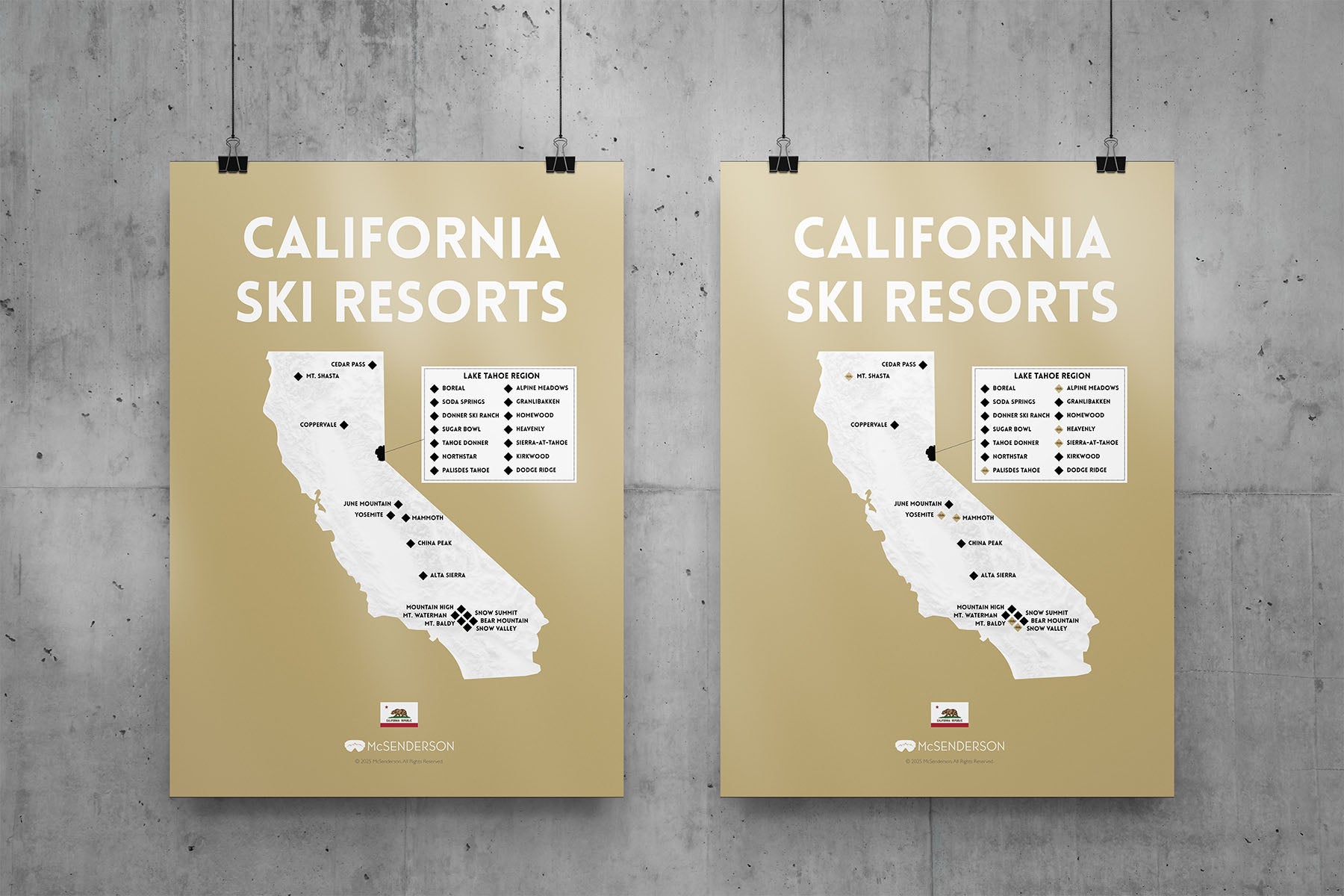 Two posters of California ski resorts on a concrete wall.