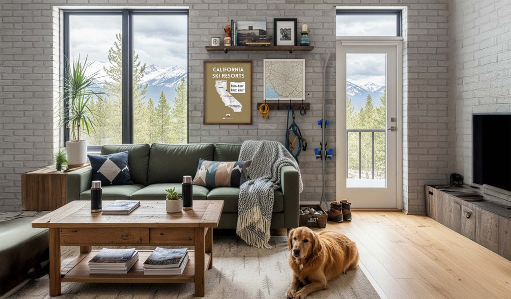 Living room with a view of mountains and California ski resorts map poster on wall