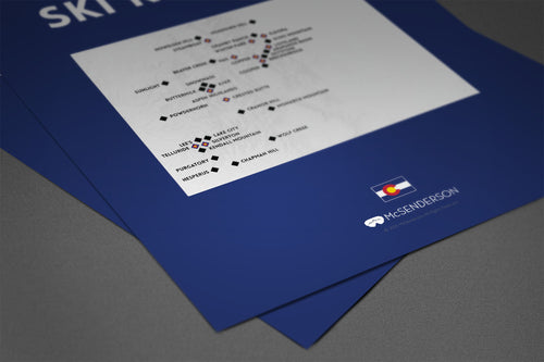 Blue colorado poster with ski resorts on a gray table