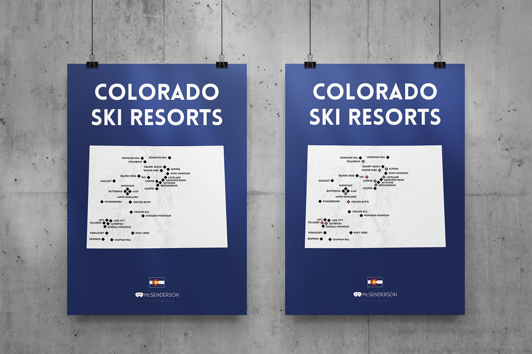 Two 'Colorado Ski Resorts' posters showing it not scratched off and partially scratched off hanging on a concrete wall.