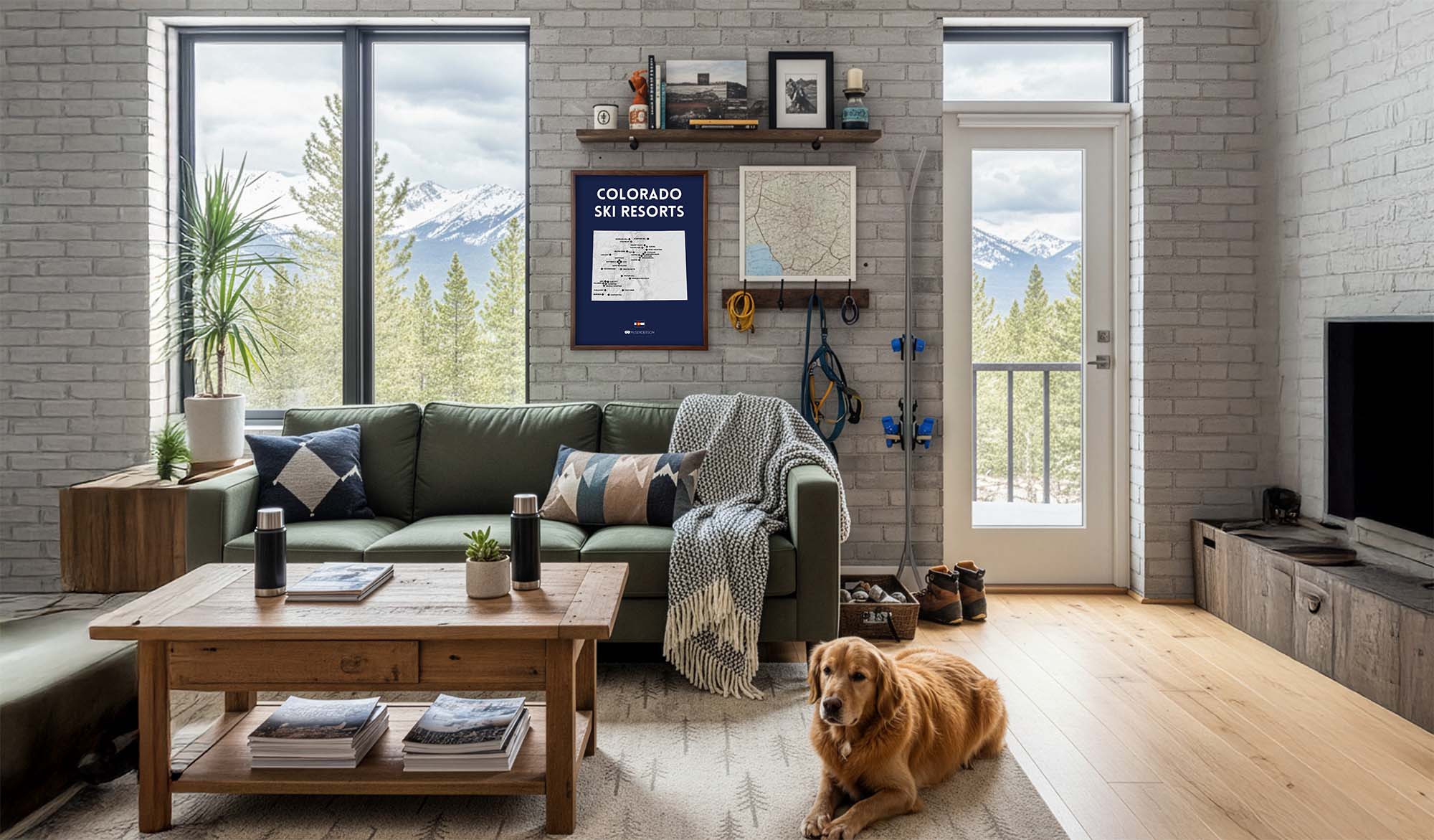 Cozy living room with Colorado ski resorts scratch off poster, a gray sofa, and a dog sitting on the floor.