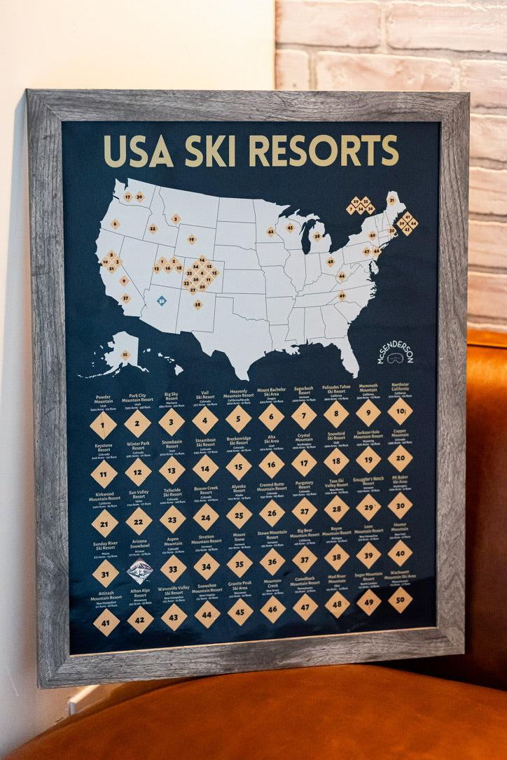 *FREE SHIPPING* Scratch-Off Top 50 USA Ski Resorts Map - Vertical