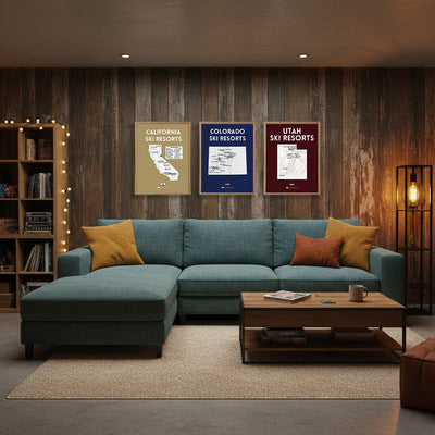 Modern living room with a teal sectional sofa, wooden coffee table, and scratch off posters