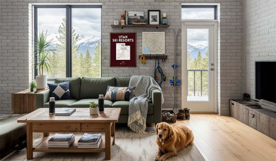 Living room with a dog sitting on the floor and framed Utah ski resorts scratch off poster on wall