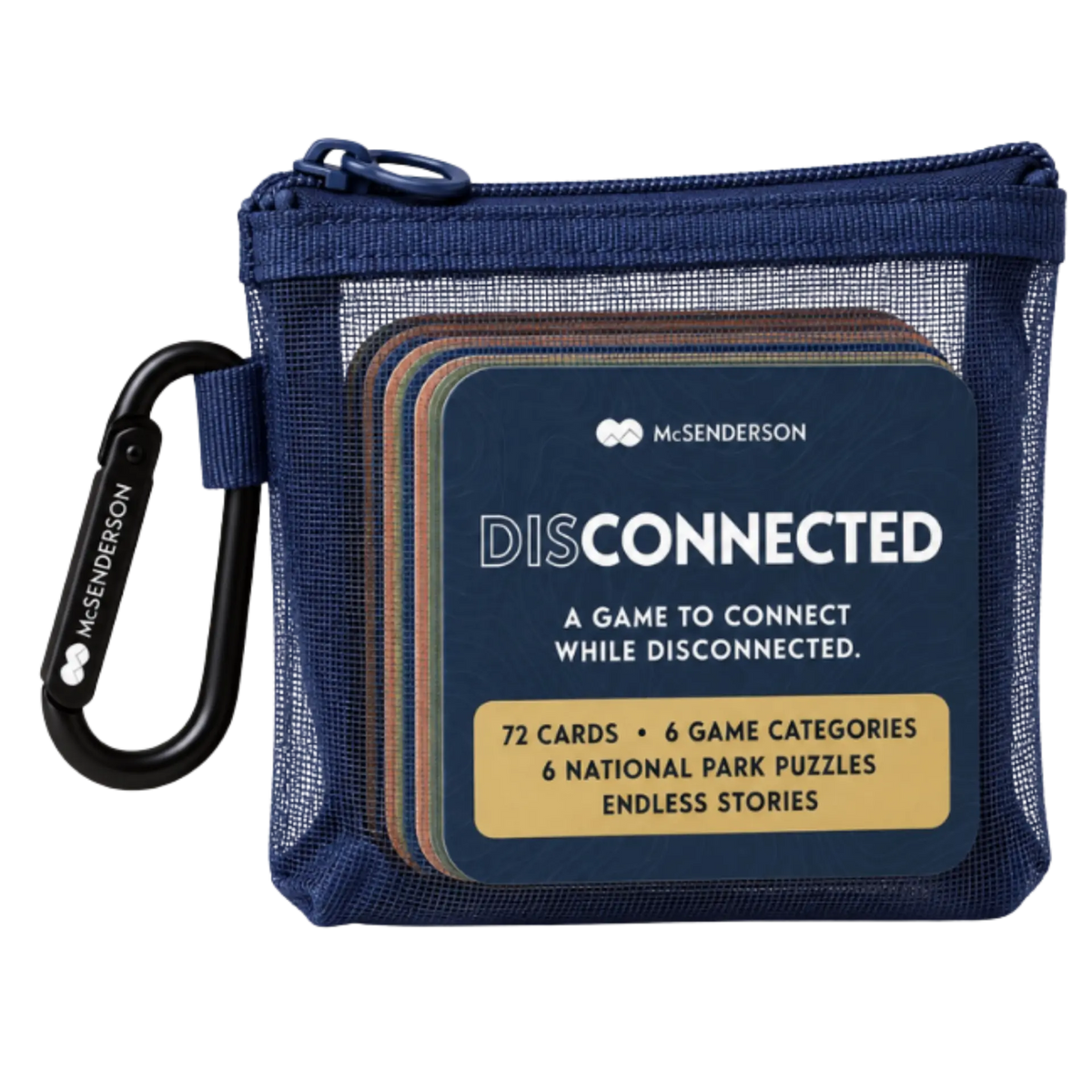 Disconnected card game in a navy mesh pouch with carabiner and cards