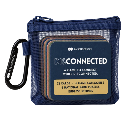 Disconnected card game in a navy mesh pouch with carabiner and cards