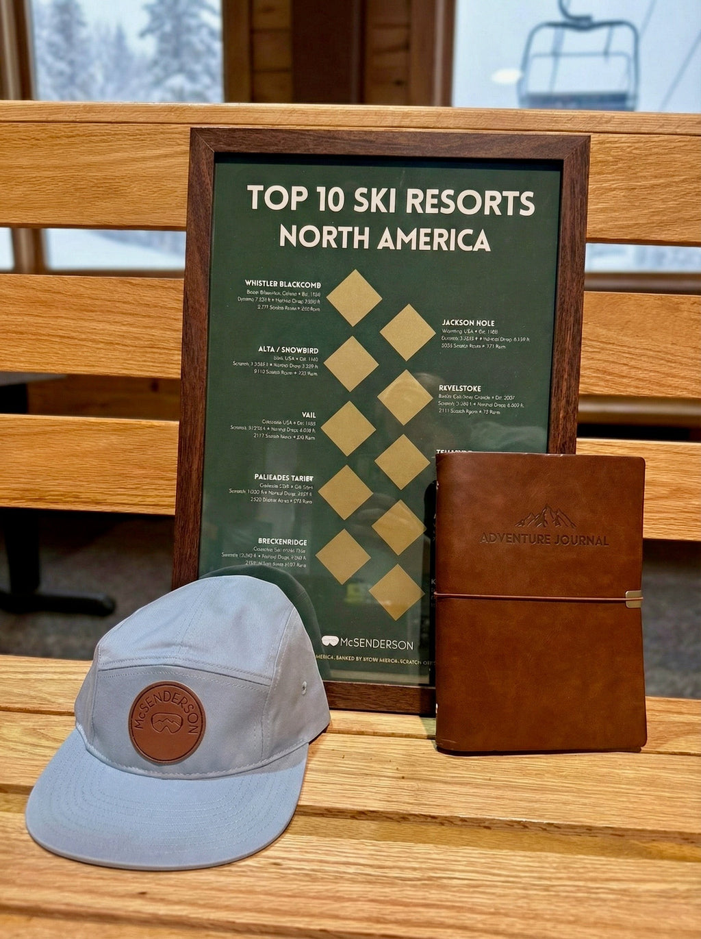 McSenderson Ski Adventure Bundle: light blue camper hat, framed scratch-off map of North American resorts, and leather journal.