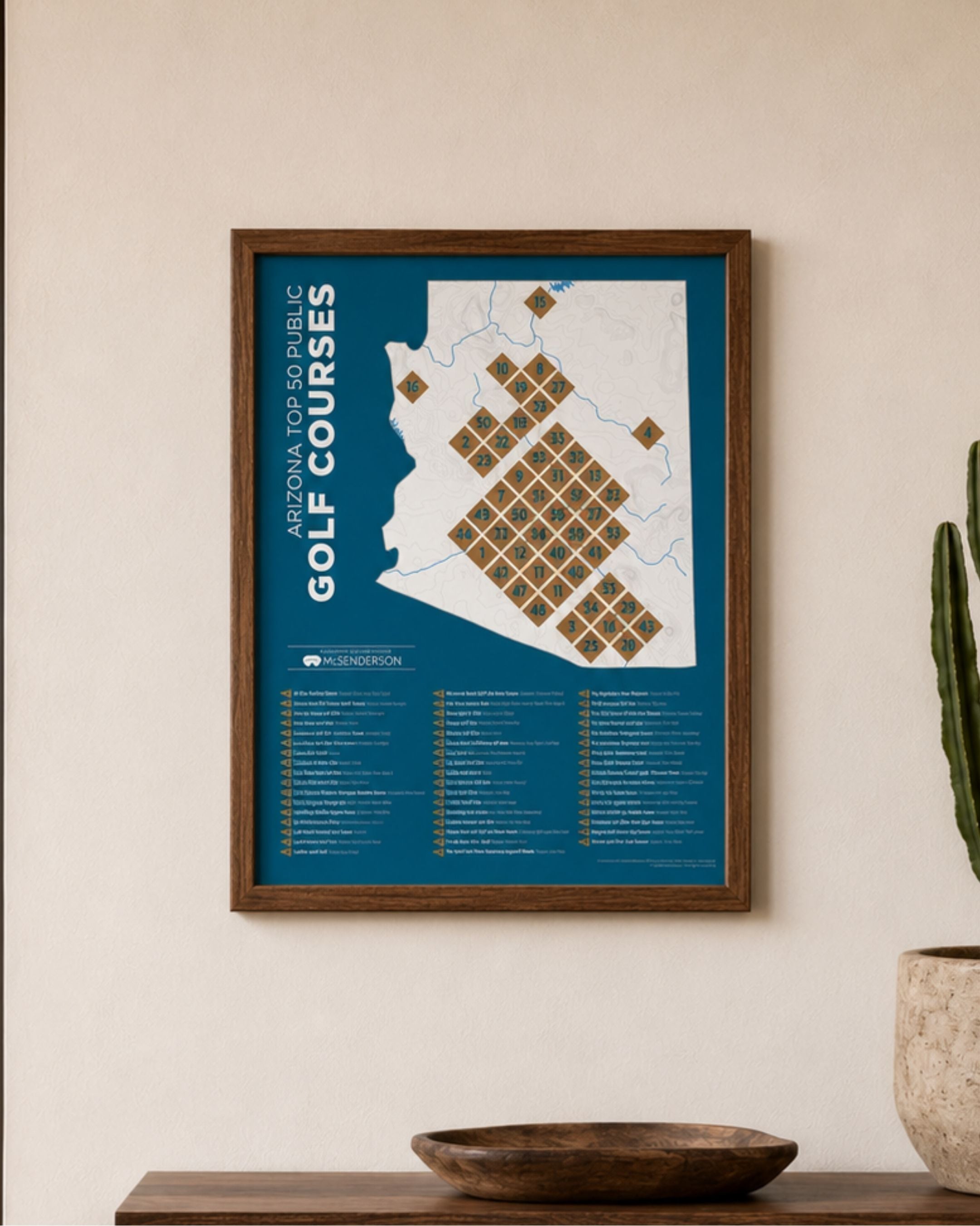 McSenderson Arizona Top 50 Public Golf Courses scratch-off map in a dark wood frame displayed on a beige wall.