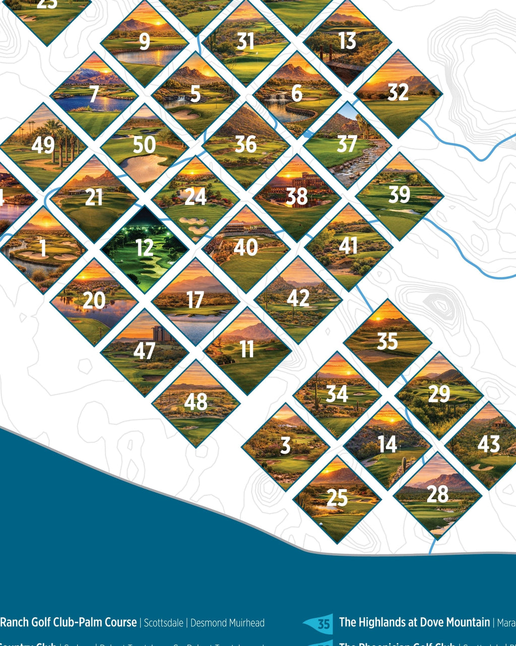 McSenderson Arizona Top 50 public golf courses scratch-off map featuring numbered diamond-shaped course illustrations.
