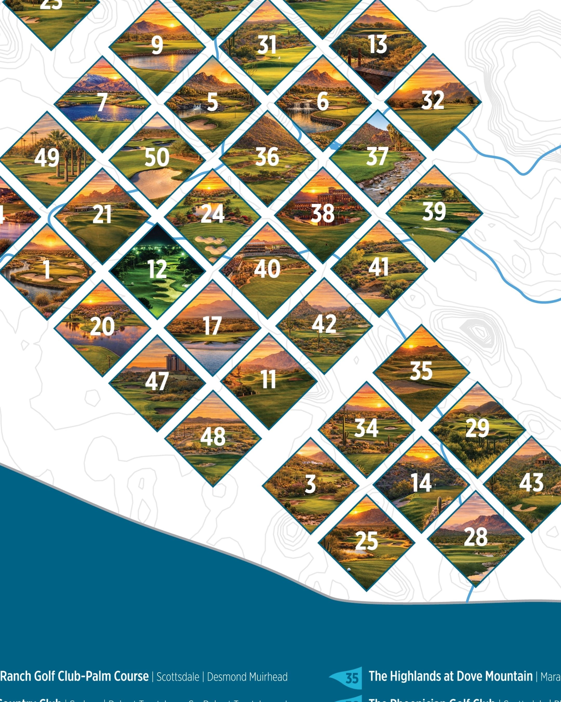 McSenderson Arizona Top 50 public golf courses scratch-off map featuring numbered diamond-shaped course illustrations.