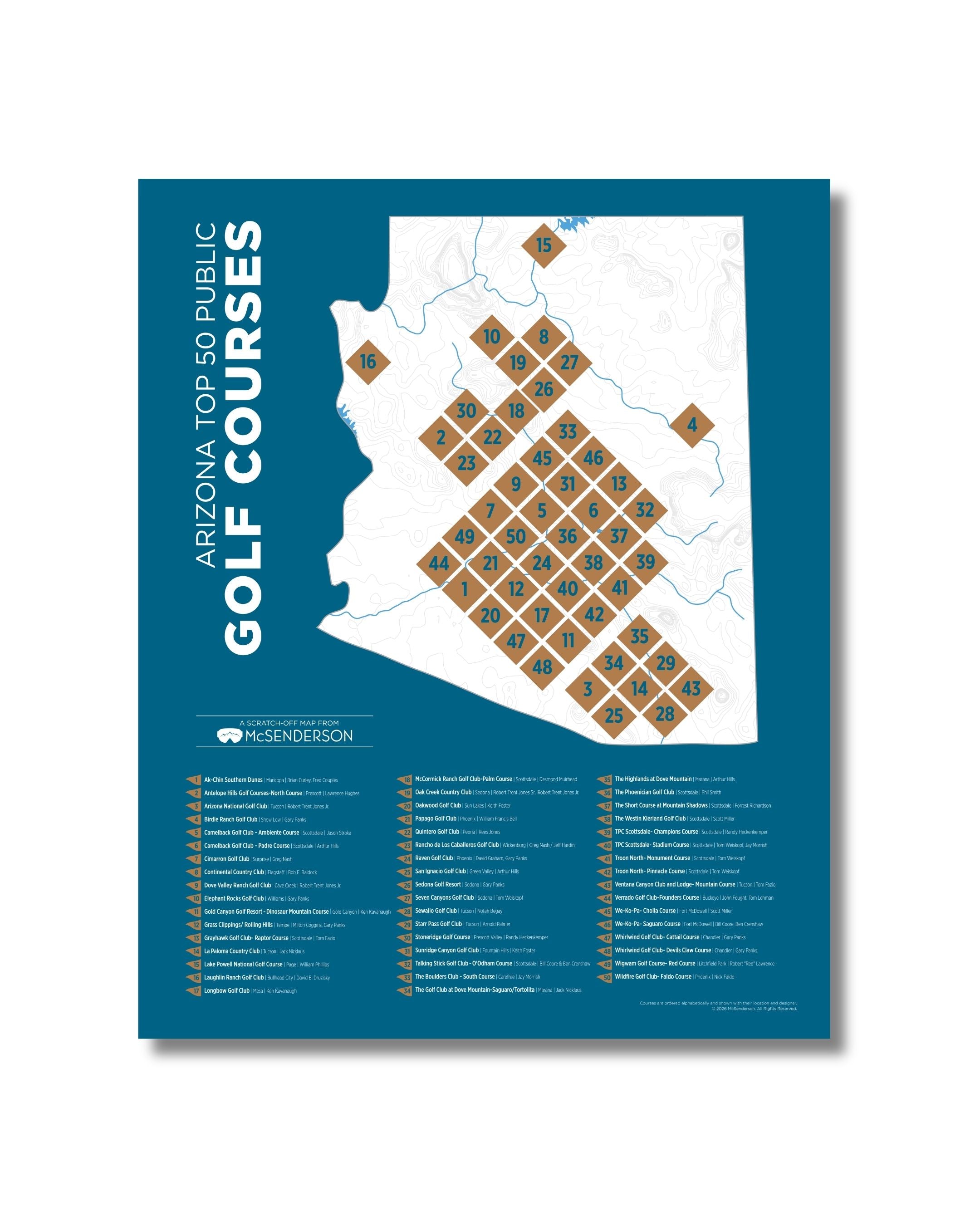 McSenderson Arizona Top 50 Public Golf Courses scratch-off map with a blue state outline and numbered course locations.