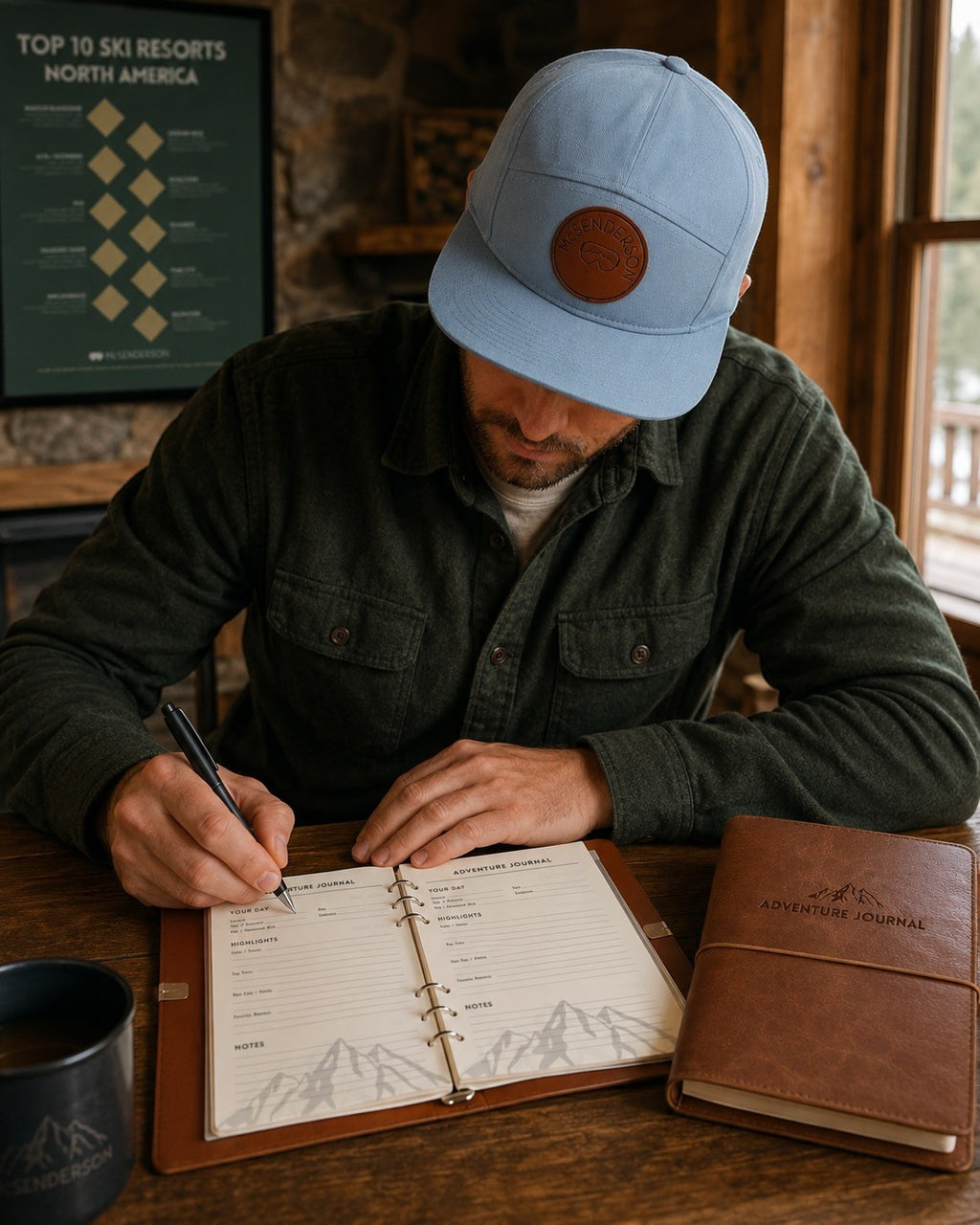McSenderson light blue camper hat with leather patch, leather-bound adventure journal, and scratch-off ski resort map.