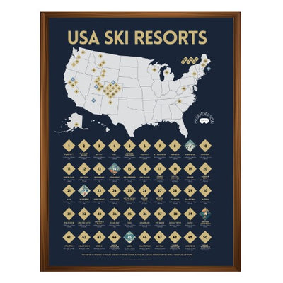 McSenderson vertical scratch-off map of the top 50 USA ski resorts, featuring a map of the US with resort locations and a numbered list of resorts to scratch off.