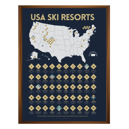 McSenderson vertical scratch-off map of the top 50 USA ski resorts, featuring a map of the US with resort locations and a numbered list of resorts to scratch off.