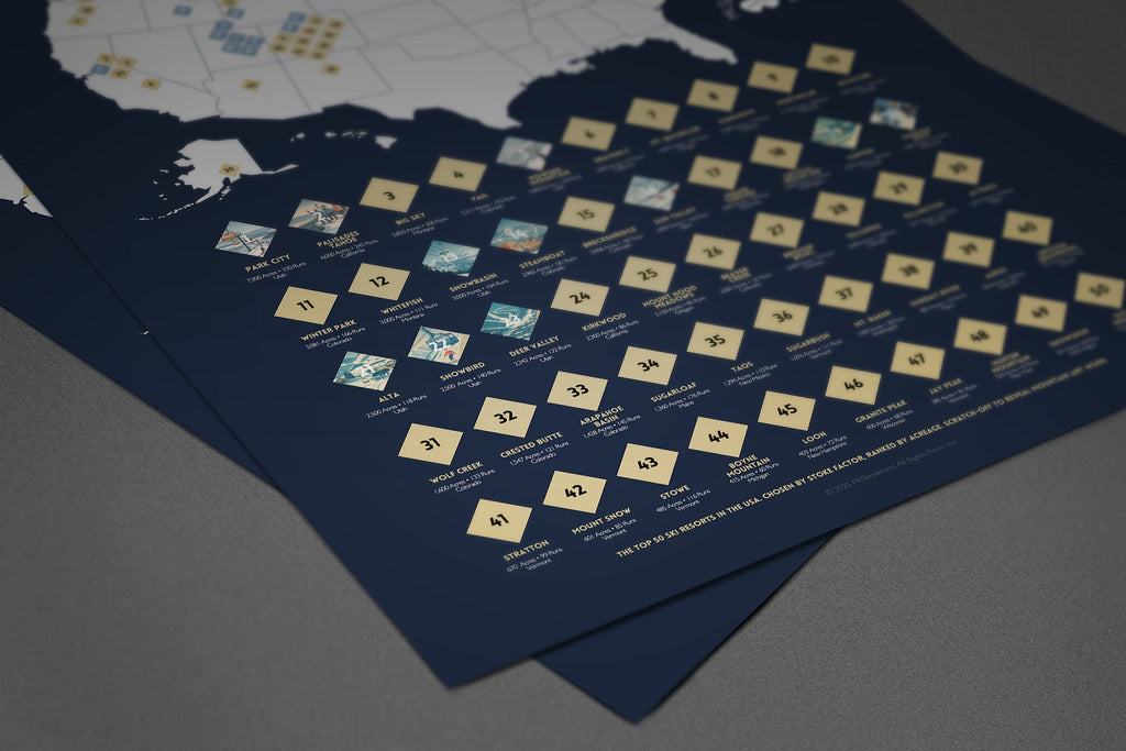 McSenderson vertical scratch-off map of top 50 USA ski resorts, featuring resort names, stats, and illustrations.