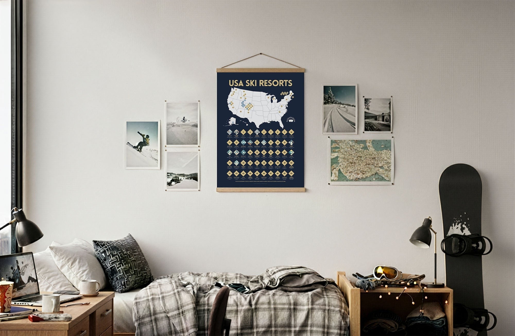McSenderson Scratch-Off Top 50 USA Ski Resorts Map - Vertical, dark blue with gold icons and text.